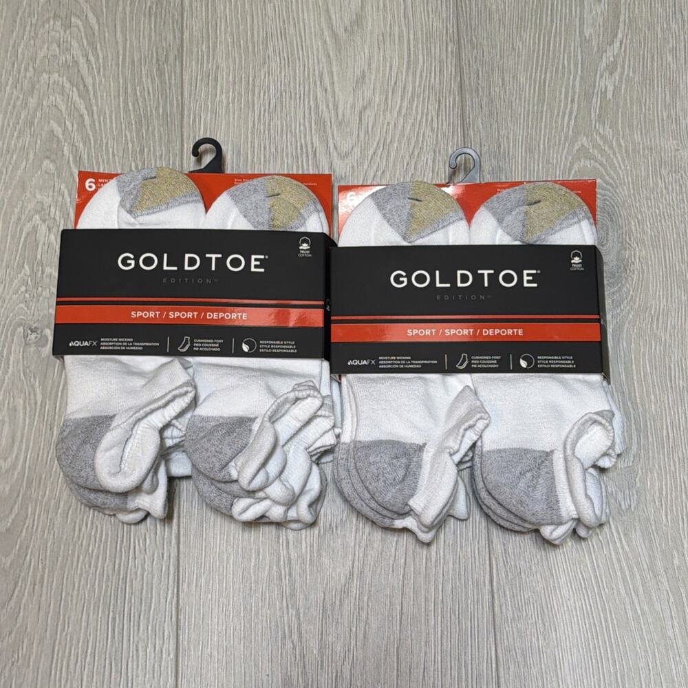 2 Gold Toe Sport Men's 6-Pair No Show Socks Shoe Size 6-12.5 White/Gray